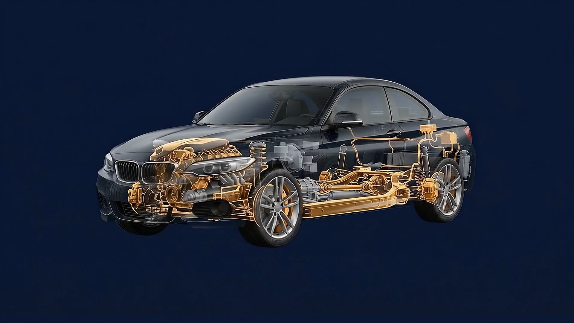 Auto con la carrozzeria resa trasparente: telaio, trasmissione, freni e sospensioni in evidenza
